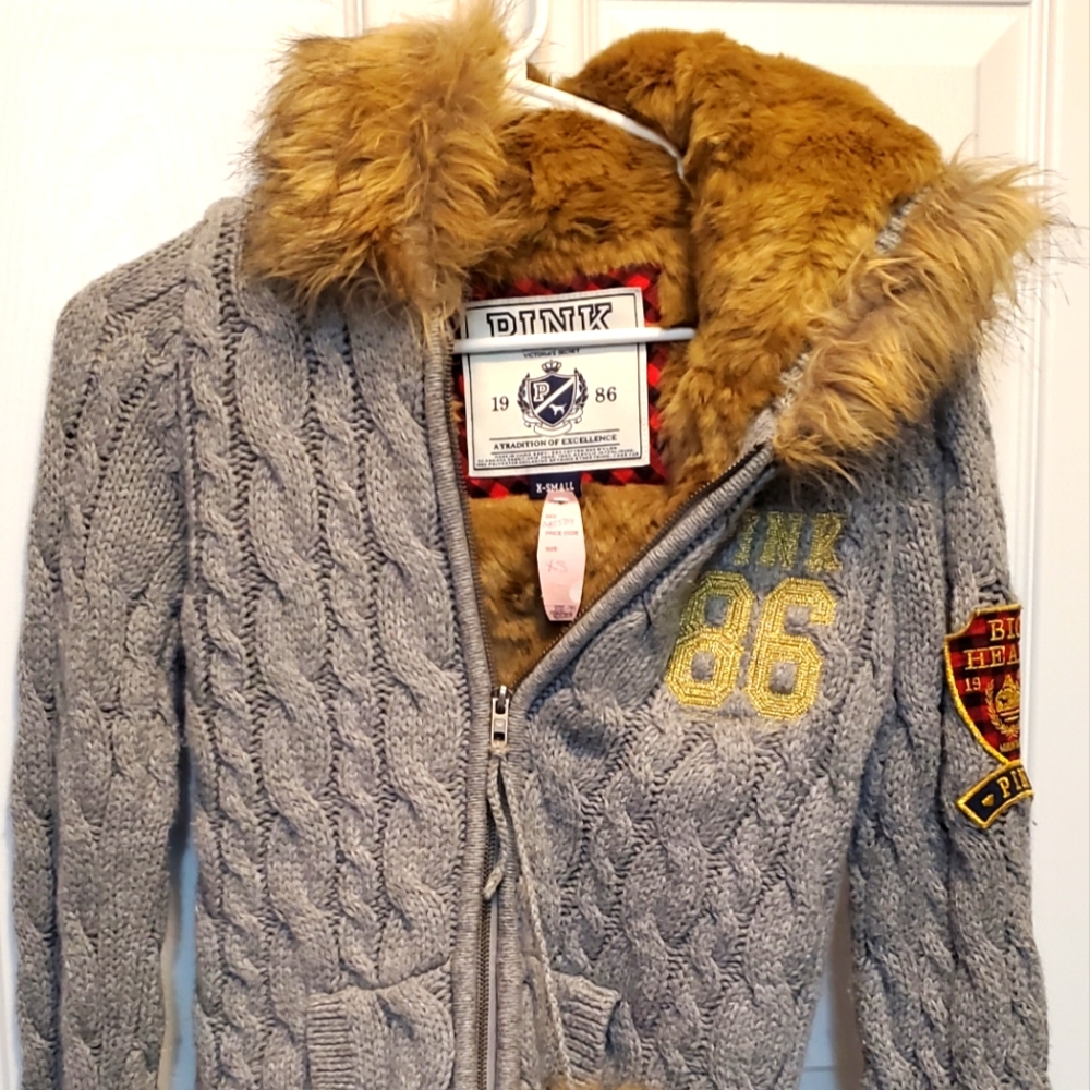 Victoria's Secret Pink Faux Fur Lined Cable Knit Hoodie Jacket XS